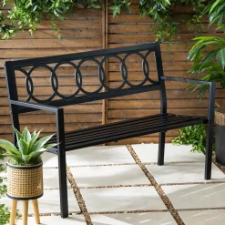 Plow & Hearth Outdoor Benches>Sydney Tubular Steel Bench with Cast Iron Interlocking Circles Design