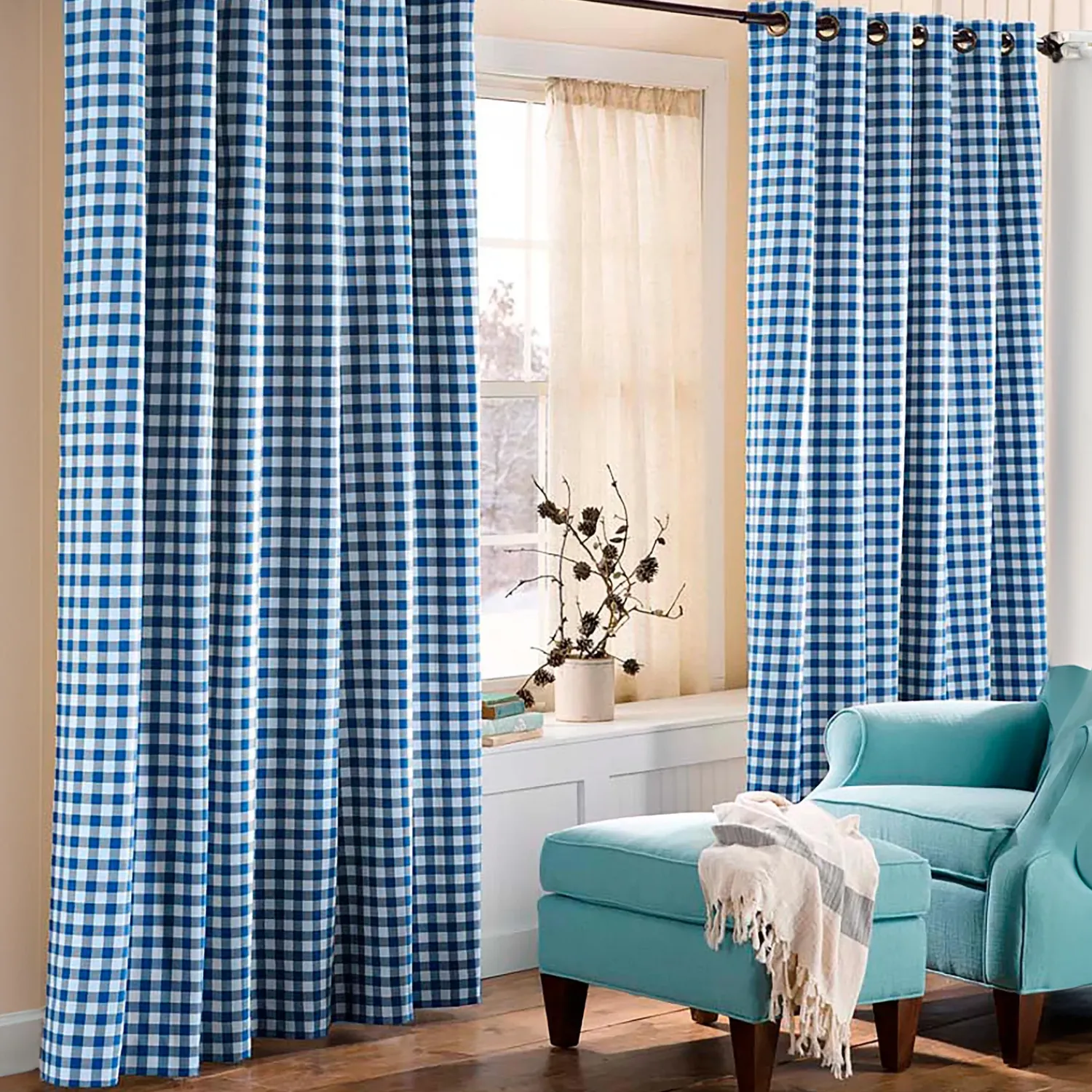 Plow & Hearth Curtain Panels|Insulated Curtains>Thermalogic™ Check Grommet-Top Curtain Pair, 95"L Blue