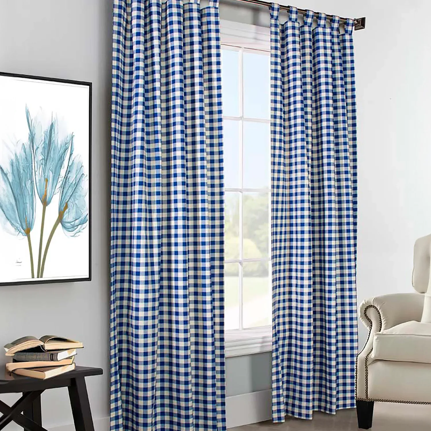Plow & Hearth Curtain Panels>Thermalogic Check Tab-Top Curtain Pair, 63"L x 80"W Blue