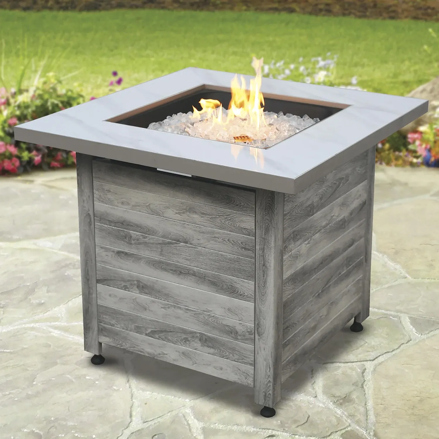 Plow & Hearth Fire Pits|Fire Pits>Tidewater Propane Gas Fire Pit with Tabletop Insert, Fire Glass and Cover