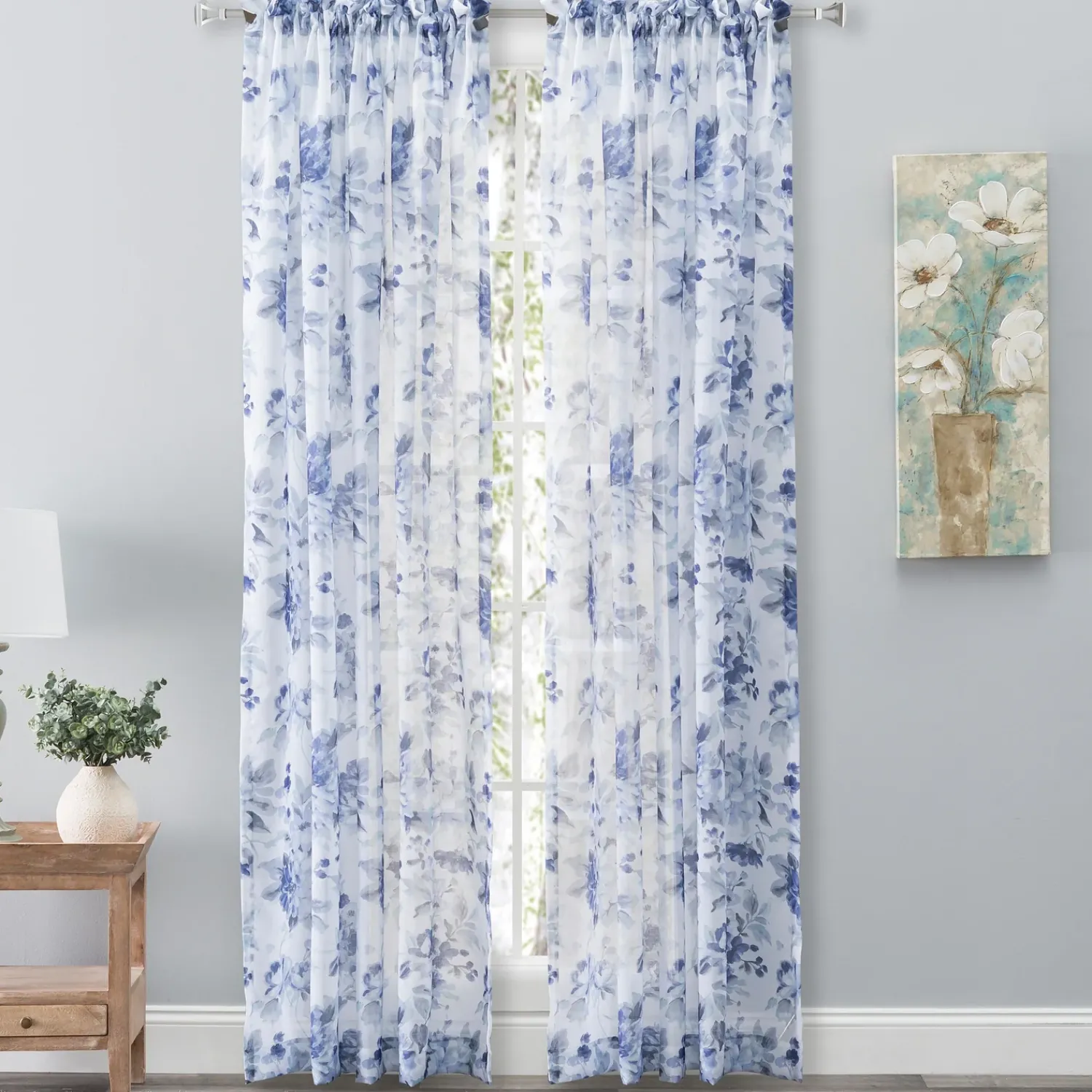 Plow & Hearth Curtain Panels>Whimsical Sheer Rod Pocket Curtain Panel, 54"W x 63"L Blue