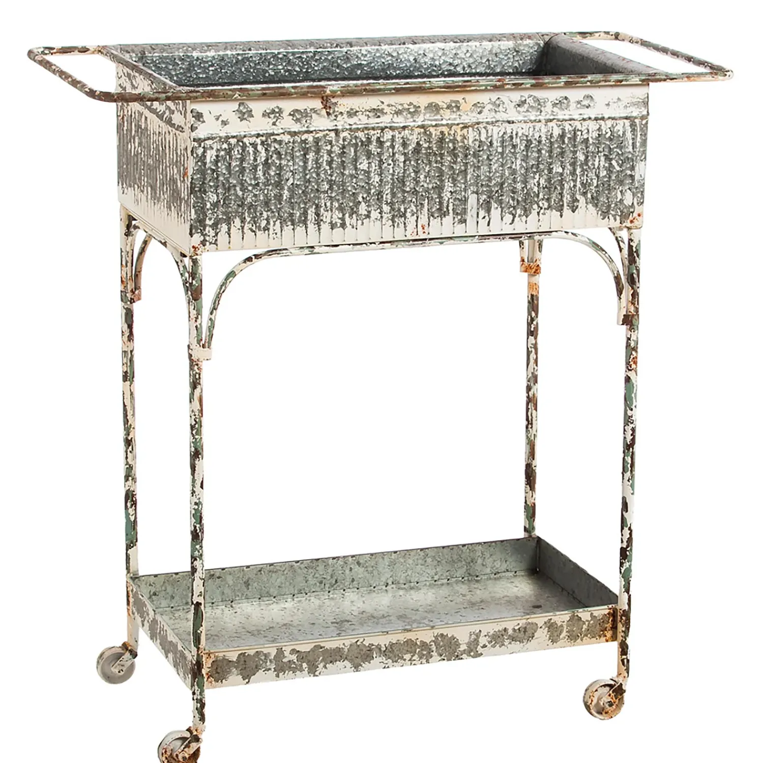 Plow & Hearth Accent Tables|Desks & Console Tables>White Washed Galvanized Metal Two Tier Cart with Tub on the top