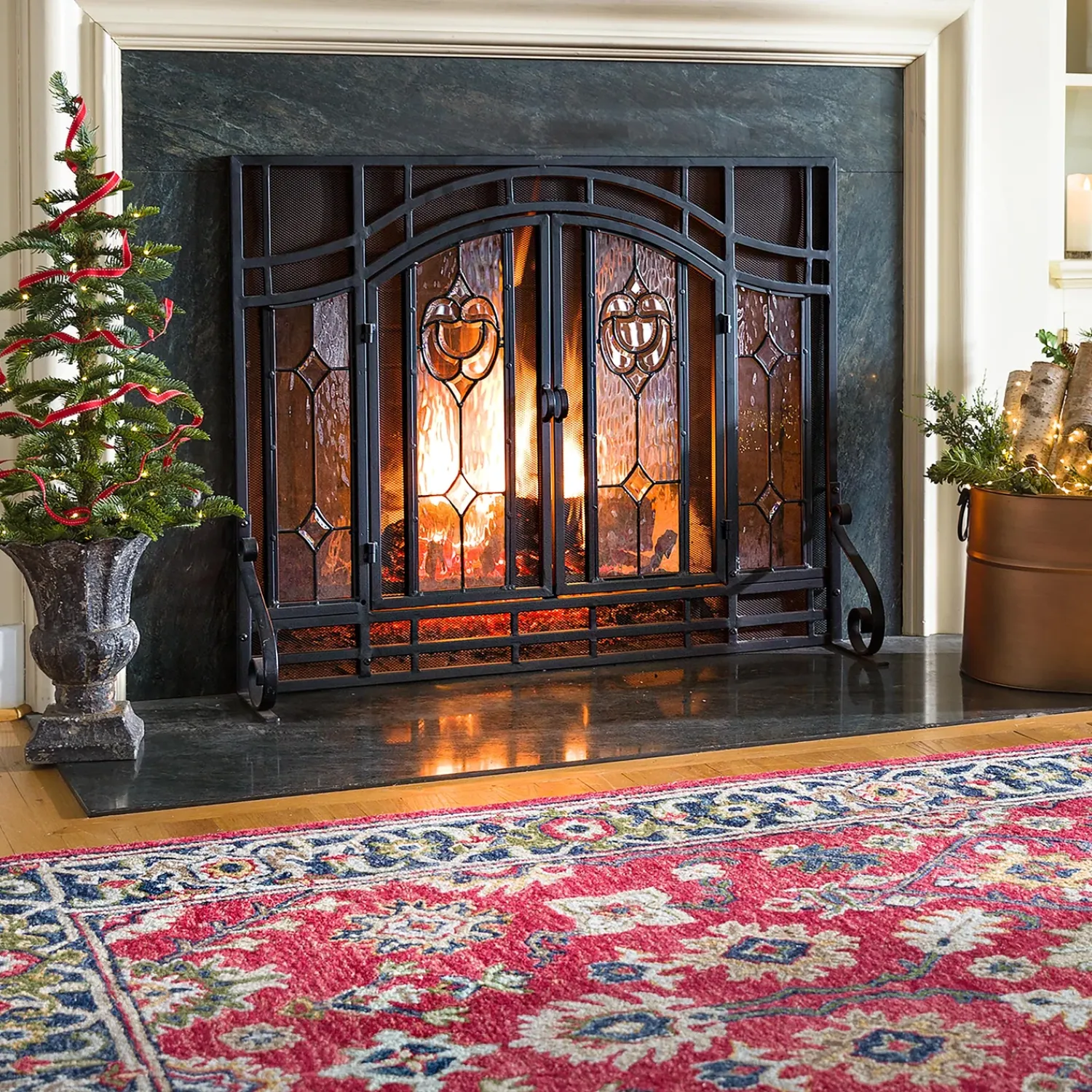 Plow & Hearth Area Rugs|Hearth Rugs>Willow Oaks Red Wool Border Rug, 5' x 8'