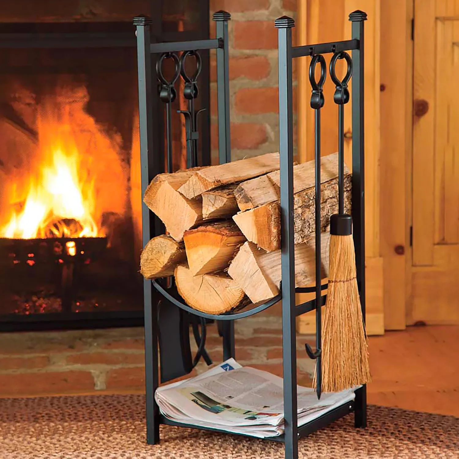 Plow & Hearth Fireplace Tool Sets|Wood Storage & Wood Racks>Wood Rack With Fireplace Tools Black