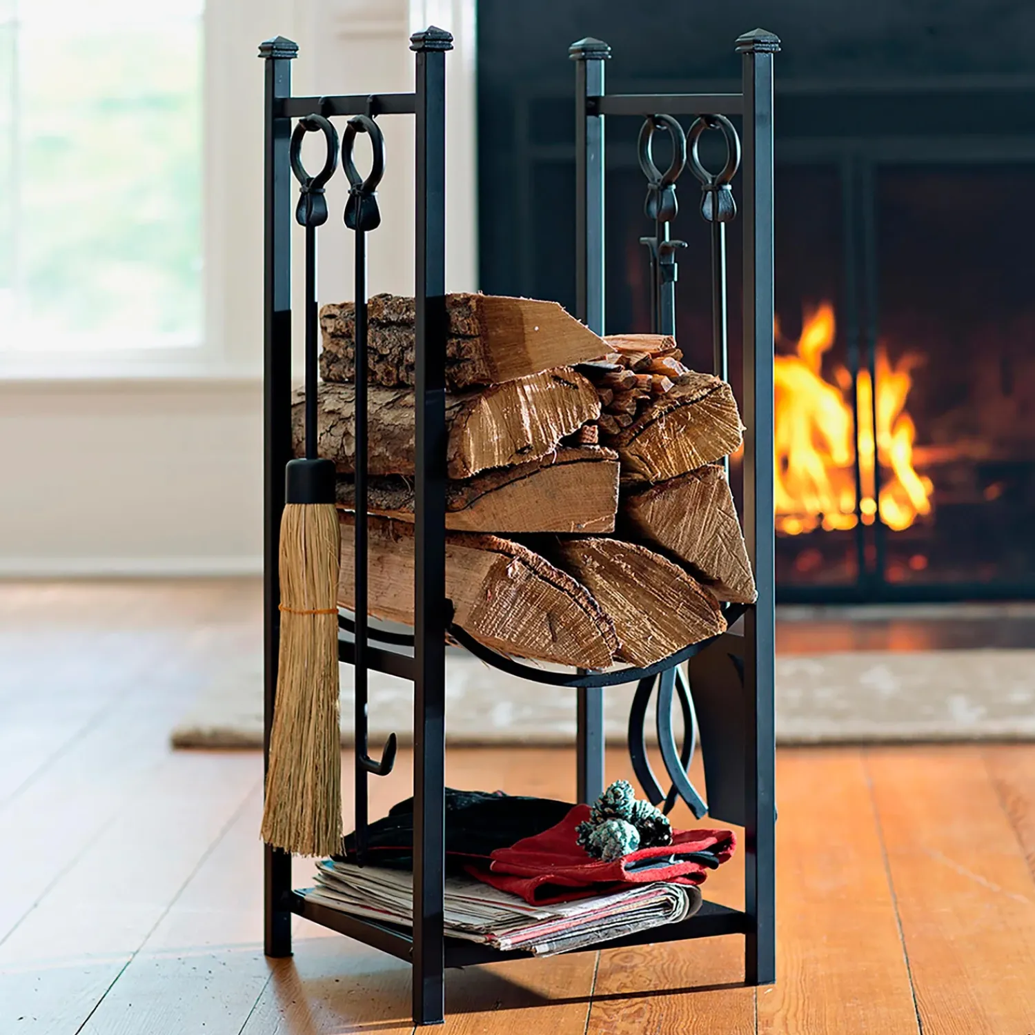 Plow & Hearth Fireplace Tool Sets|Wood Storage & Wood Racks>Wood Rack With Fireplace Tools Black