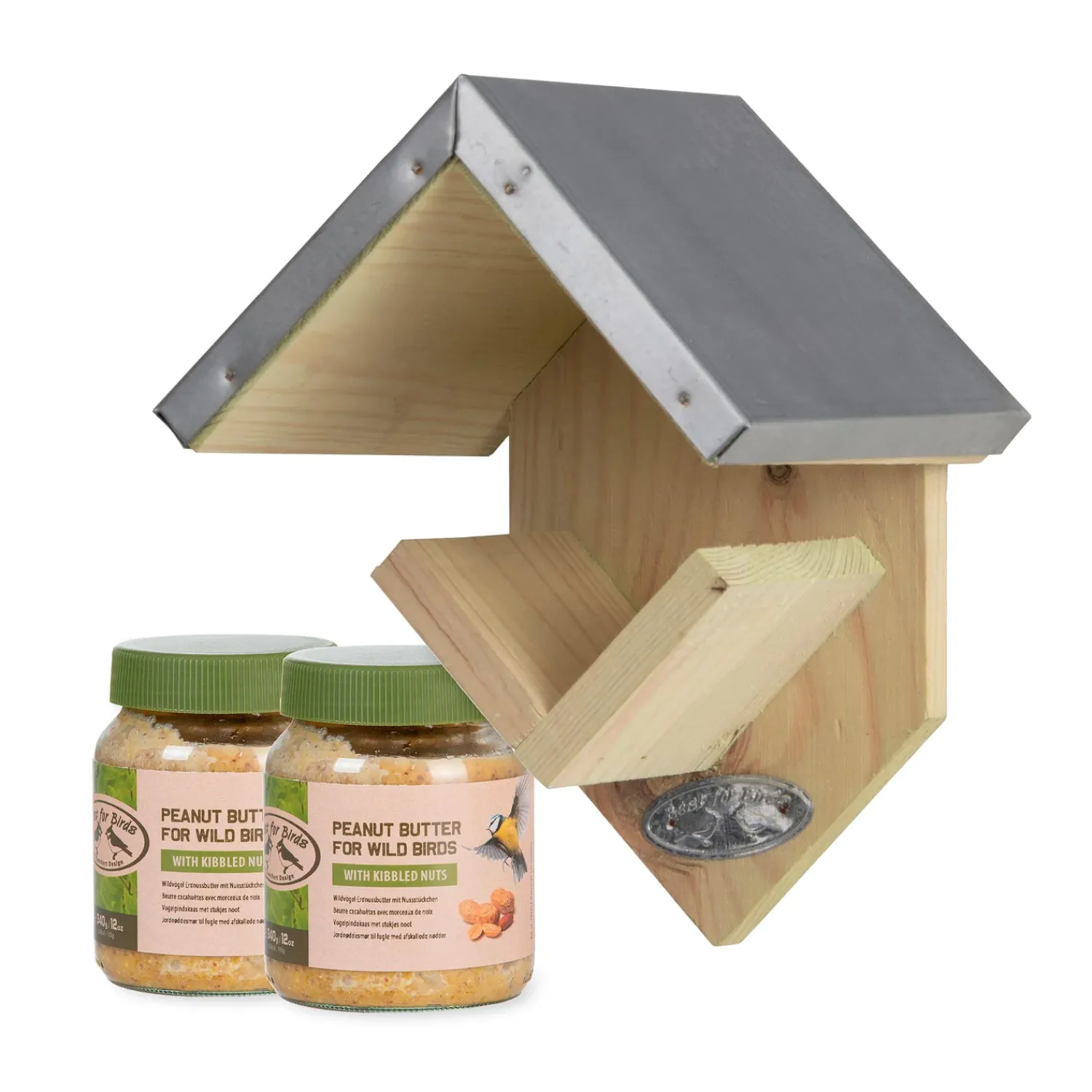 Plow & Hearth Bird Feeders>Wooden Cafe Peanut Butter Bird Feeder with 2 Jars of Peanut Butter