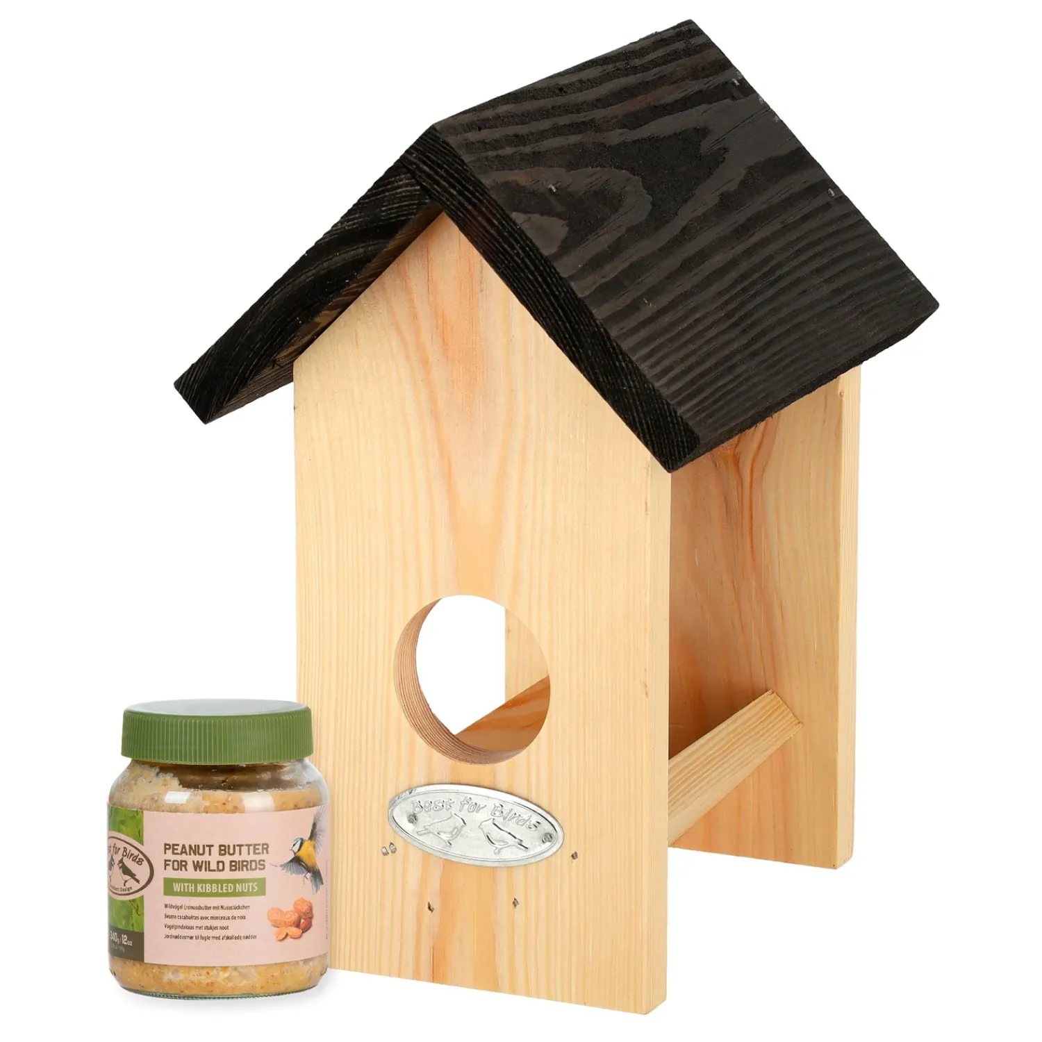 Plow & Hearth Bird Feeders>Wooden Open House Peanut Butter Bird Feeder with Jar of Peanut Butter