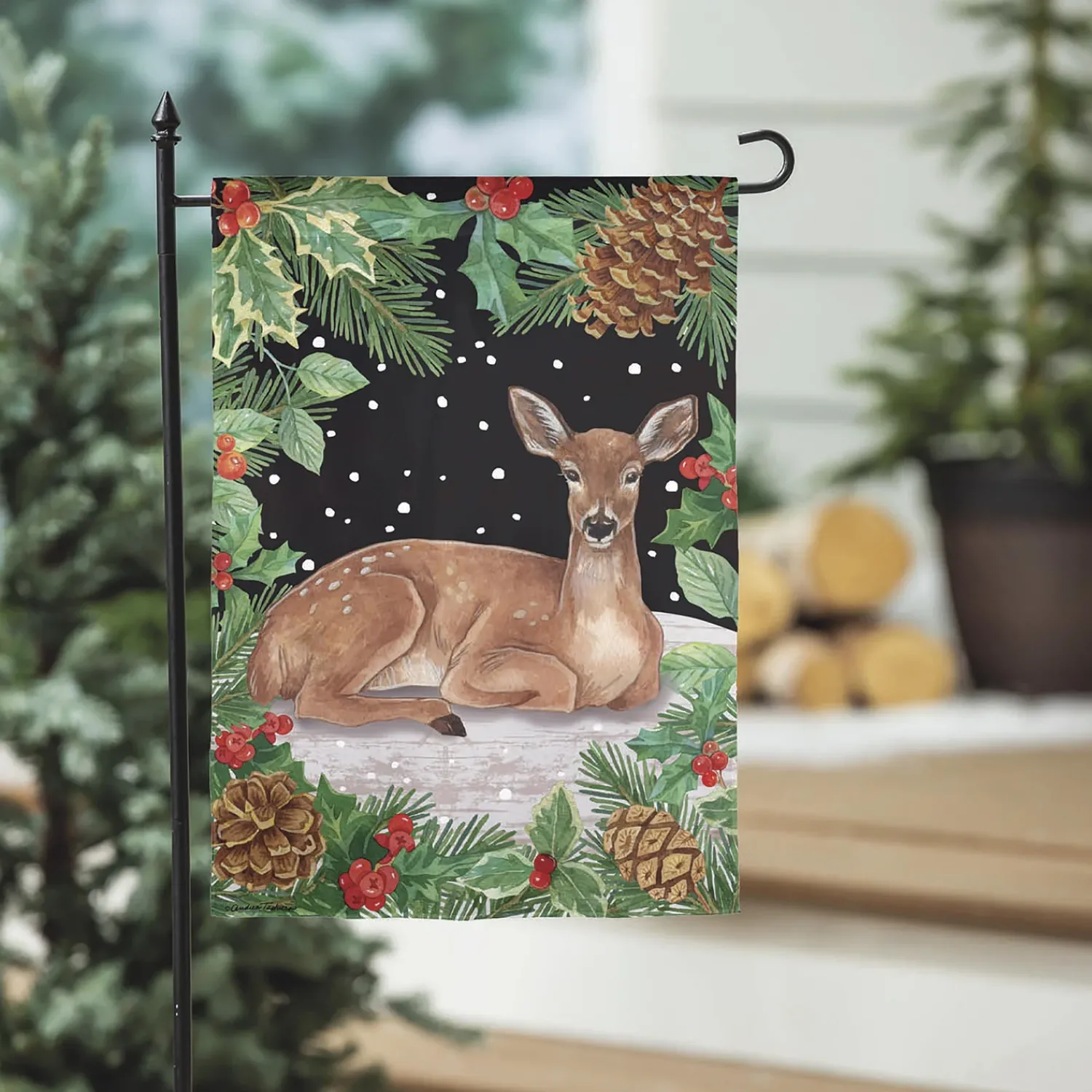 Plow & Hearth Garden Flags>Woodland Peace on Earth Deer Suede Garden Flag
