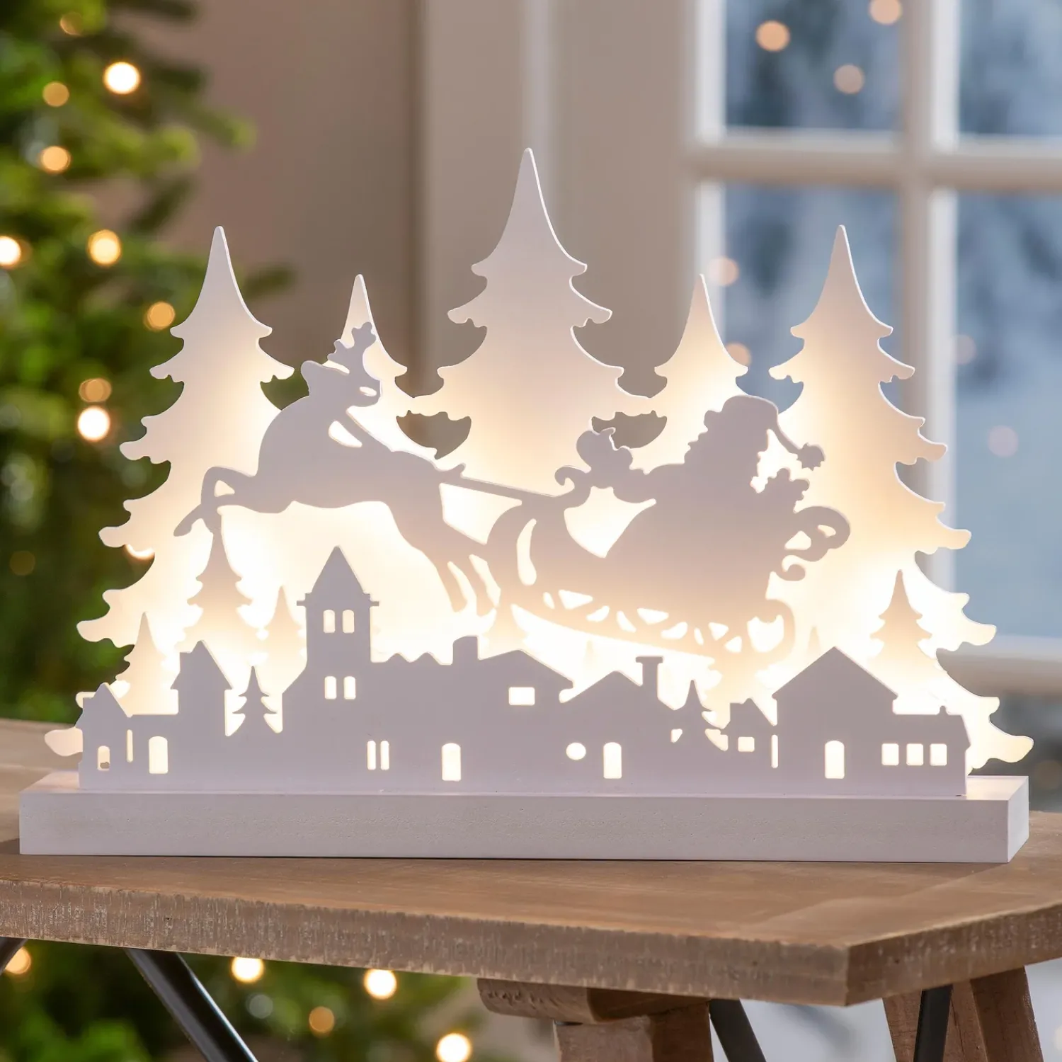 Plow & Hearth Decorative Accents>Woodland Storybook LED Table Decor Sled with Reindeer Scene, 16.75"