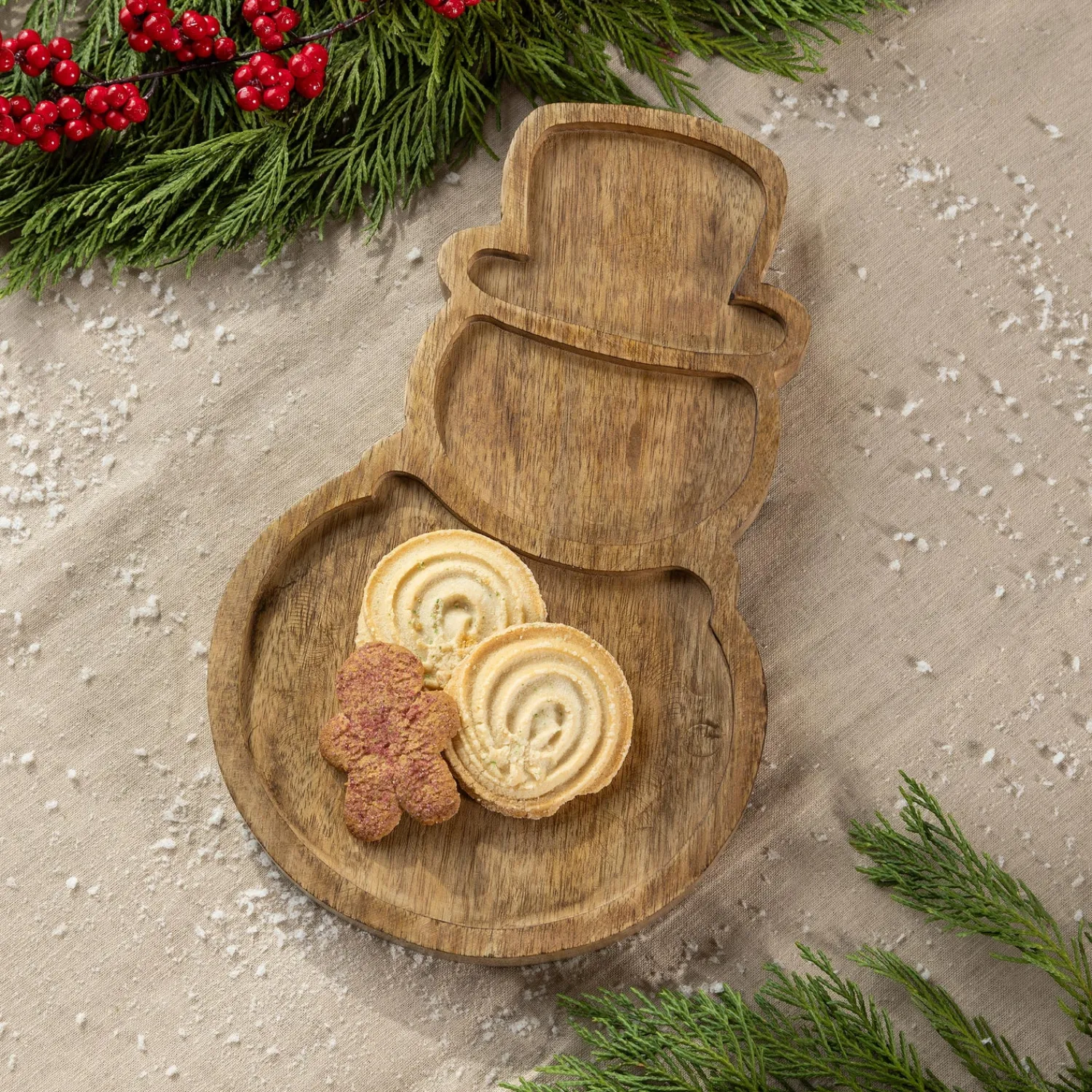 Plow & Hearth Serveware>Woodland Storybook Serveware Wood Snowman Divided Server, 12"