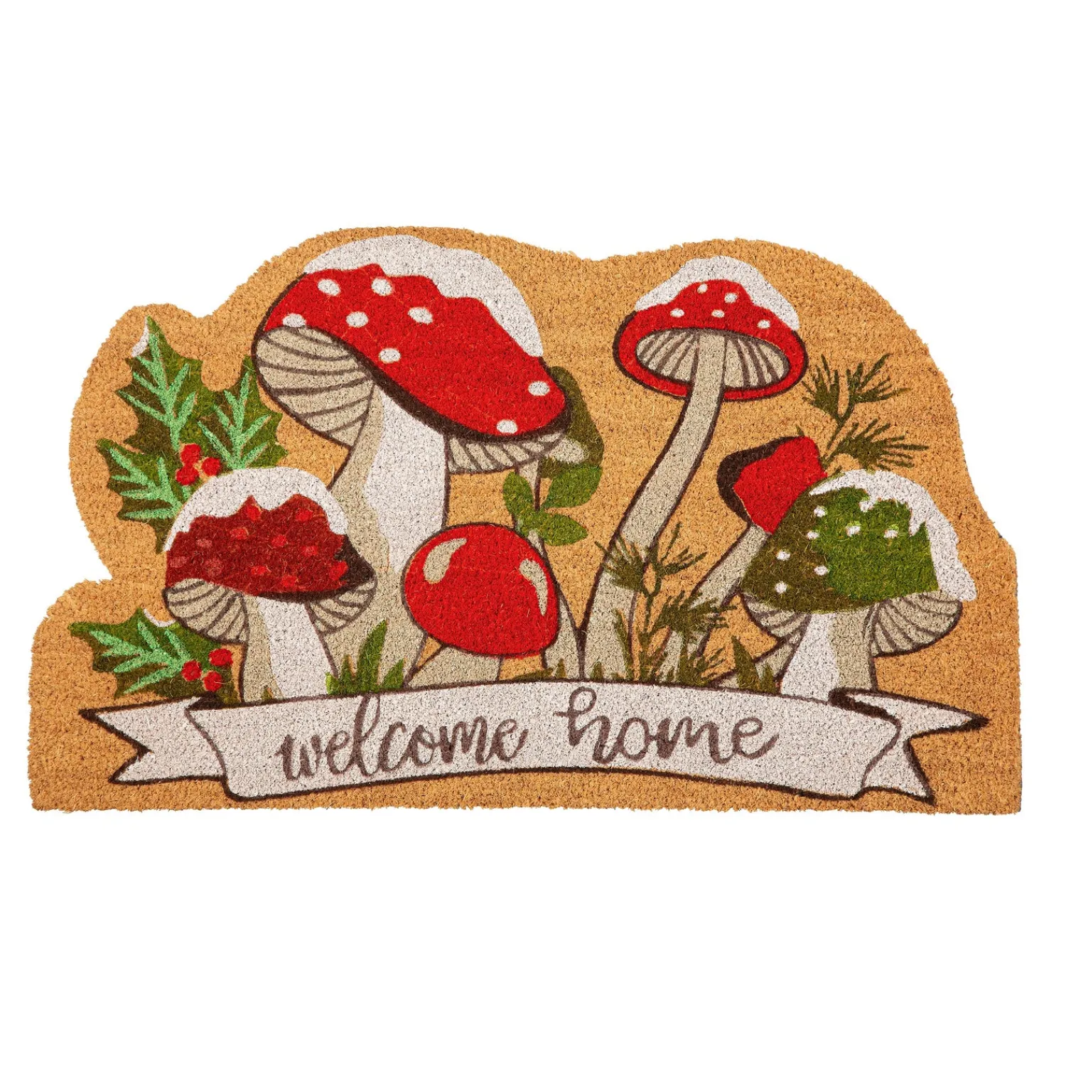 Plow & Hearth Coir Mats>Woodland Winter Mushroom Shaped Coir Mat